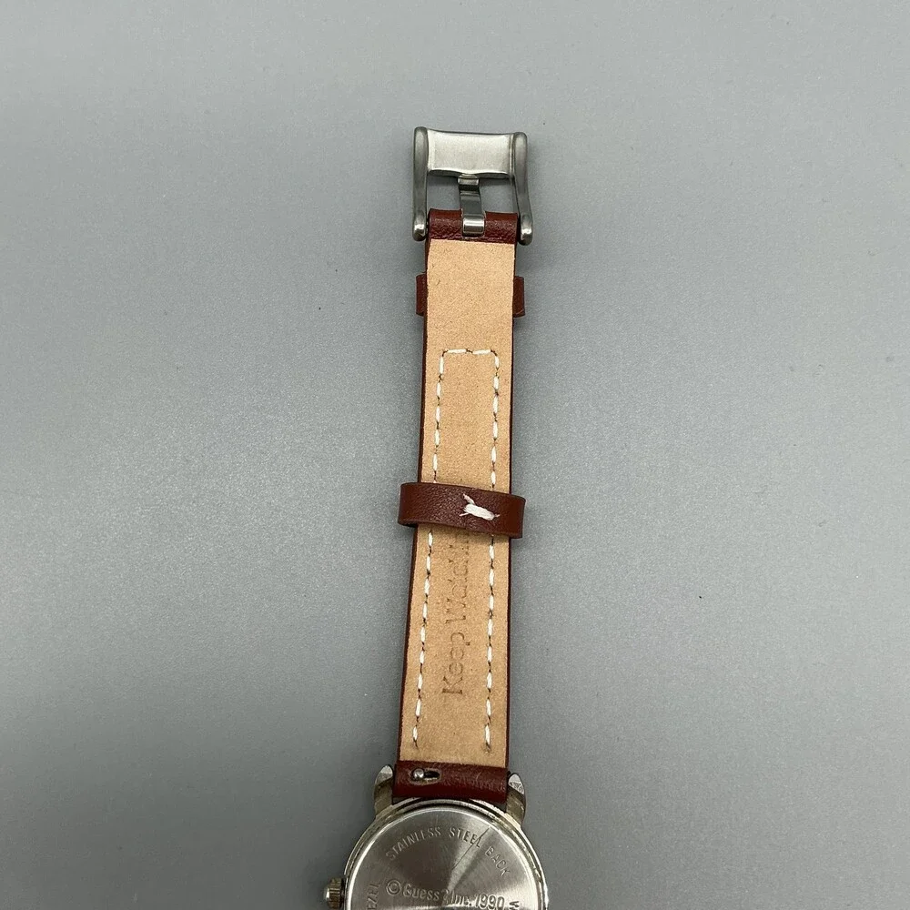 Vintage Guess Womens Watch 25mm Silver Tone White Dial Brown Leather New Battery